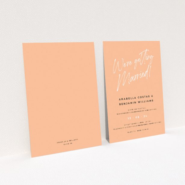 Modern Apricot Announcement Wedding Invitation - A5-sized invitation with apricot background, elegant white script and serif typeface, perfect for chic and understated wedding announcements This image shows the front and back sides together