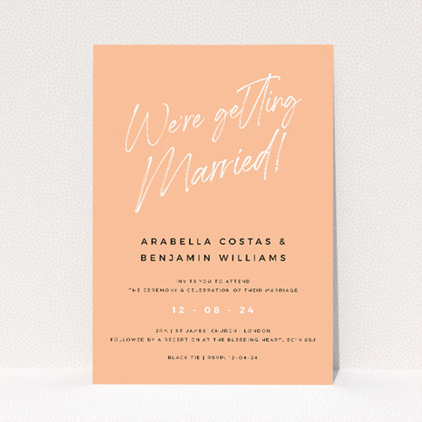 Modern Apricot Announcement Wedding Invitation - A5-sized invitation with apricot background, elegant white script and serif typeface, perfect for chic and understated wedding announcements This is a view of the front