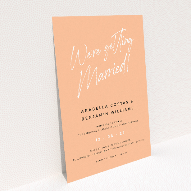 Modern Apricot Announcement Wedding Invitation - A5-sized invitation with apricot background, elegant white script and serif typeface, perfect for chic and understated wedding announcements This image shows the front and back sides together