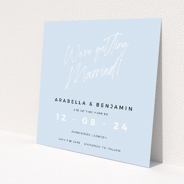 Modern Apricot Announcement wedding save the date card featuring contemporary sophistication with serene apricot backdrop and crisp typography. This image shows the front and back sides together