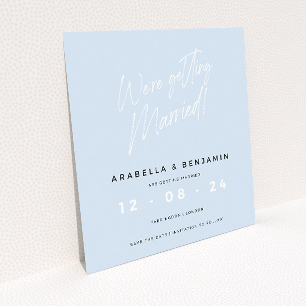 Modern Apricot Announcement wedding save the date card featuring contemporary sophistication with serene apricot backdrop and crisp typography. This image shows the front and back sides together