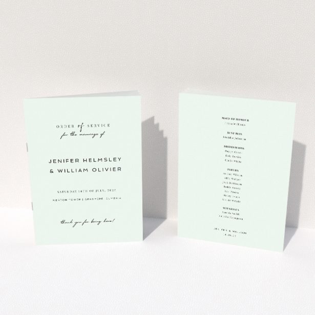 Modern Calligraphy Wedding Order of Service A5 booklet featuring minimalist sophistication with crisp black text on a pristine white background This image shows the front and back sides together