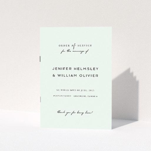 Modern Calligraphy Wedding Order of Service A5 booklet featuring minimalist sophistication with crisp black text on a pristine white background This is a view of the front