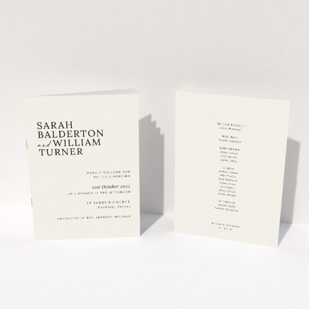 Modern Monochrome Motif A5 Wedding Order of Service booklet - Masterpiece of minimalist design with crisp white background and striking black typeface, offering contemporary elegance for stylish weddings This image shows the front and back sides together