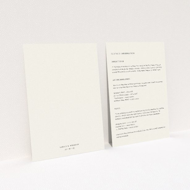 Modern Monochrome Motif wedding information insert card with minimalist black text on pristine white, embodying timeless elegance This image shows the front and back sides together