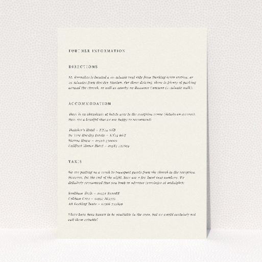 Modern Monochrome Motif wedding information insert card with minimalist black text on pristine white, embodying timeless elegance This is a view of the front