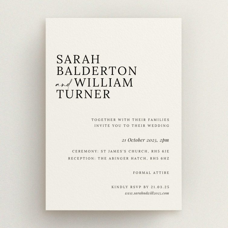 Modern Monochrome Motif wedding invitation - A5 portrait, minimalist black text on pristine white background. This is a view of the front