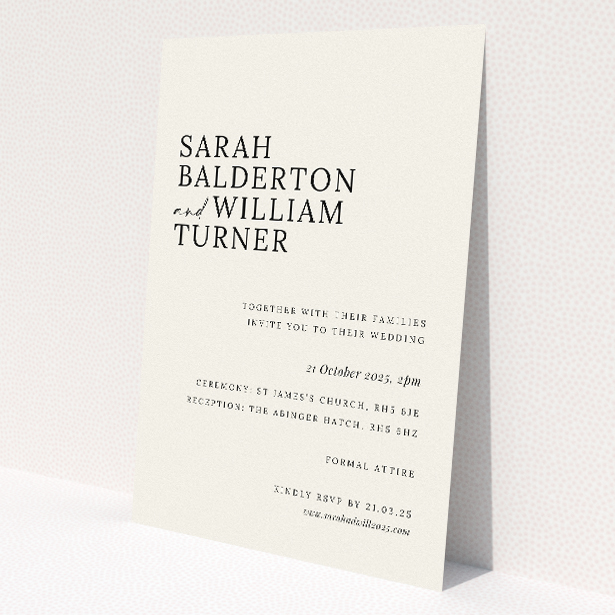 Modern Monochrome Motif wedding invitation - A5 portrait, minimalist black text on pristine white background. This is a view of the front