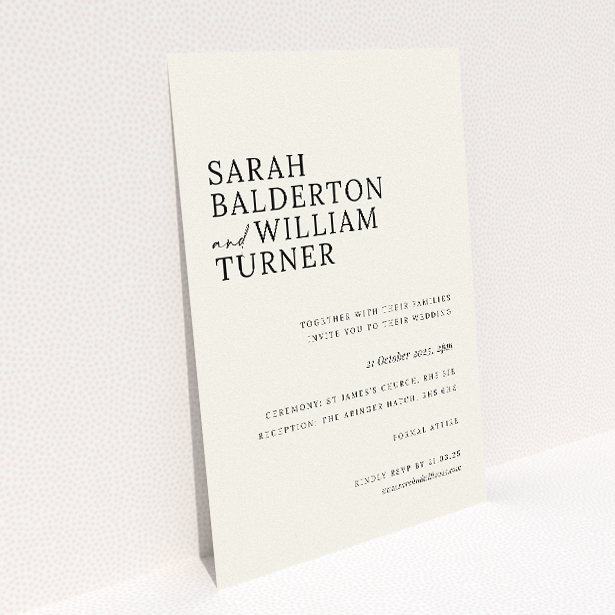 Modern Monochrome Motif wedding invitation - A5 portrait, minimalist black text on pristine white background. This image shows the front and back sides together