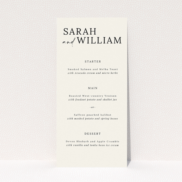 Modern Monochrome Motif wedding menu template with timeless black text on crisp white, ideal for couples desiring a sleek, refined aesthetic for their wedding stationery This is a view of the front