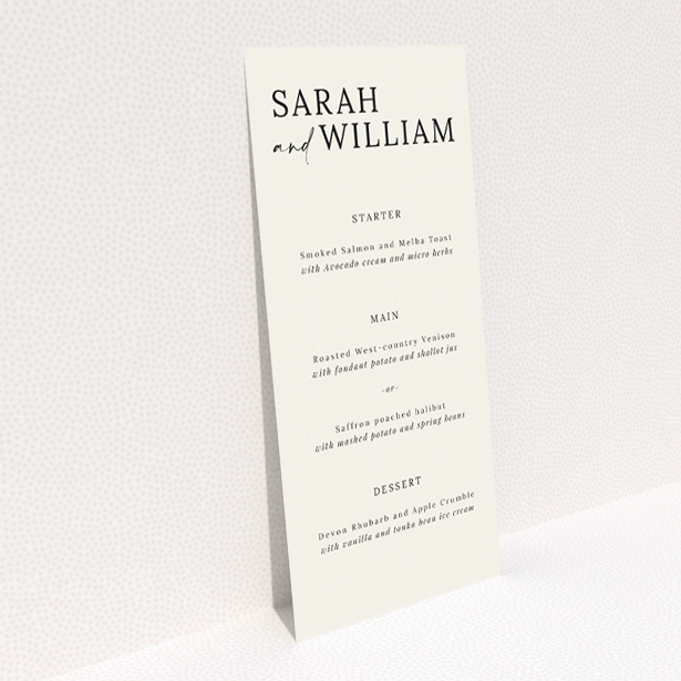Modern Monochrome Motif wedding menu template with timeless black text on crisp white, ideal for couples desiring a sleek, refined aesthetic for their wedding stationery This is a view of the back