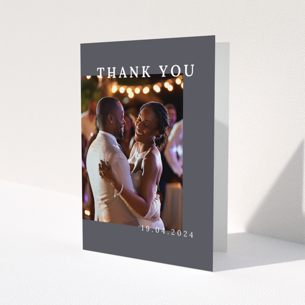 Wedding thank you card with one photo of a couple dancing