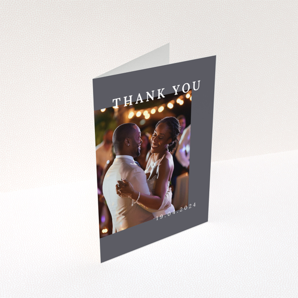 Wedding thank you card with one photo of a couple dancing