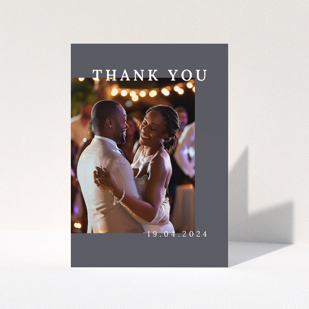 Wedding thank you card with one photo of a couple dancing