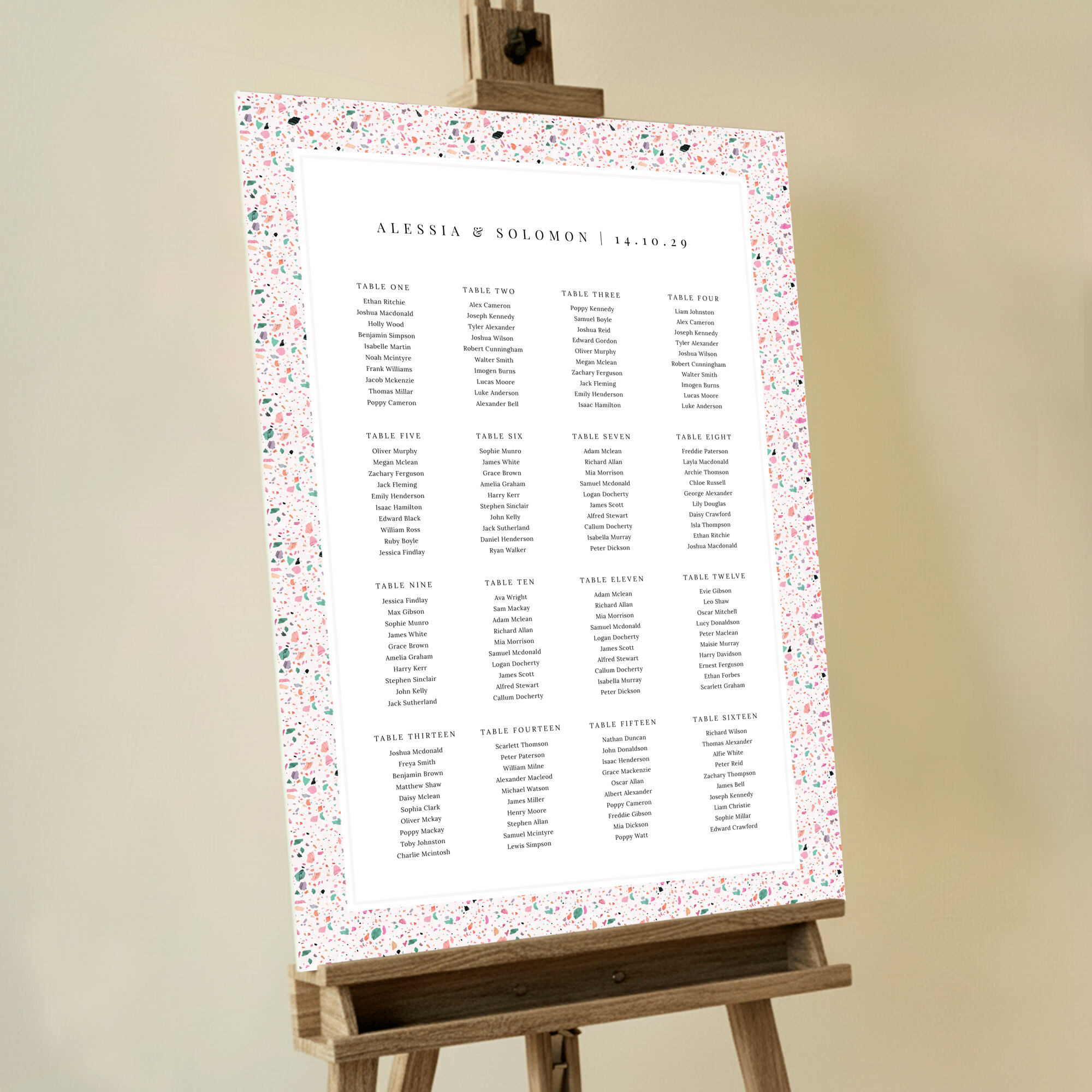 Personalized Modern Terrazzo Tile Seating Plans with a light pink background and shades of pink, orange, turquoise, and black, adding a contemporary touch to your wedding decor.. This template shows 16 tables.