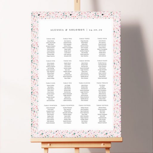 Personalized Modern Terrazzo Tile Seating Plans with a light pink background and shades of pink, orange, turquoise, and black, adding a contemporary touch to your wedding decor.. This template shows 16 tables.