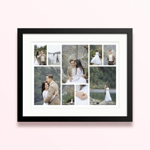 Framed and mounted photo print with nine photos in a collage layout.