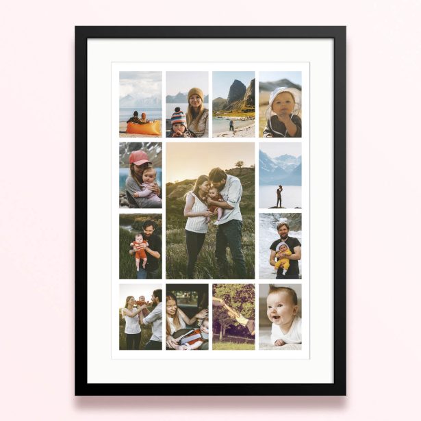 Framed and mounted photo print with images of family moments.