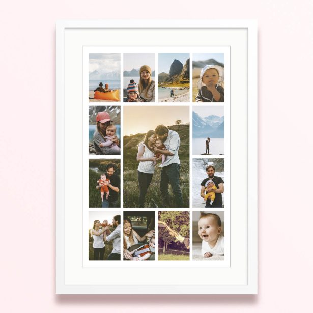 Framed and mounted photo print with images of family moments.