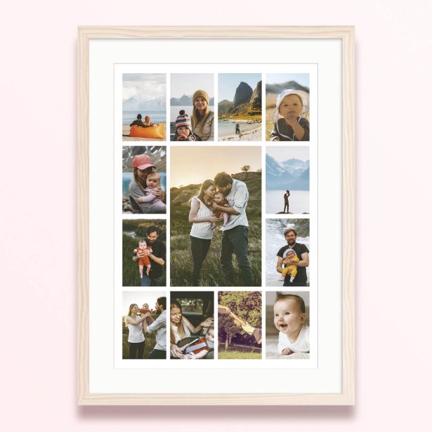 Framed and mounted photo print with images of family moments.