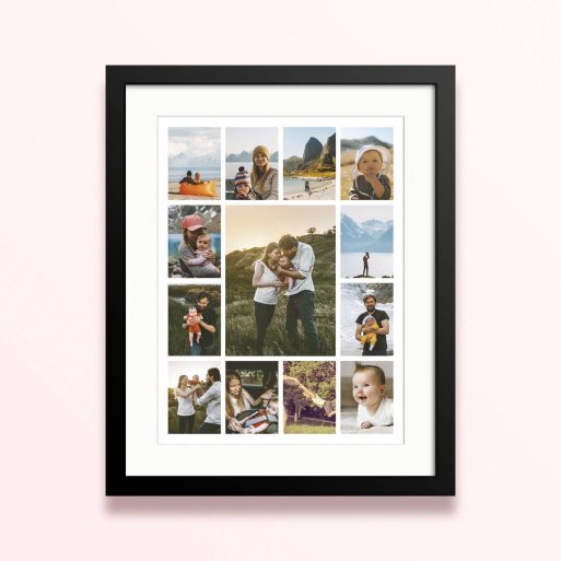 Framed and mounted photo print featuring 14 family and outdoor photos in a collage layout.