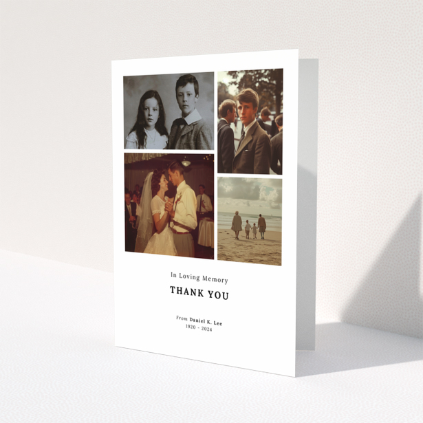 Funeral thank you card design with four photos and text in loving memory