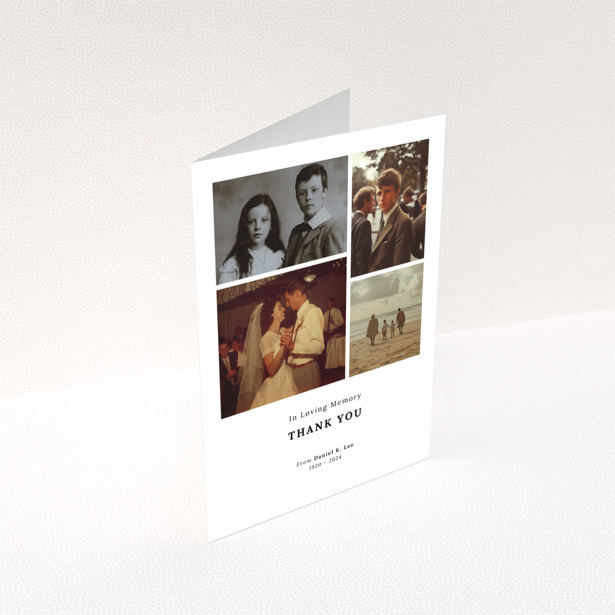 Funeral thank you card design with four photos and text in loving memory