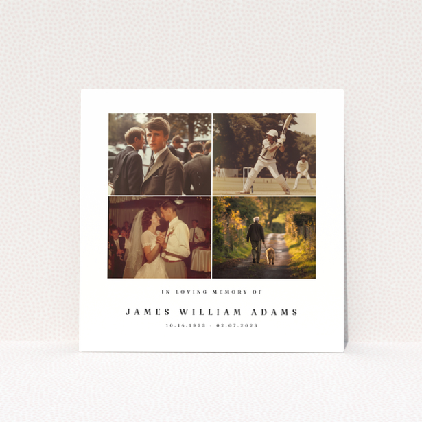 Funeral announcement design with four photos in loving memory of James William Adams