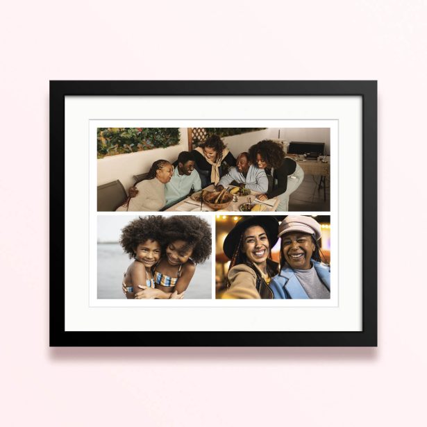 Framed and mounted photo print with three photos displayed in a collage format.