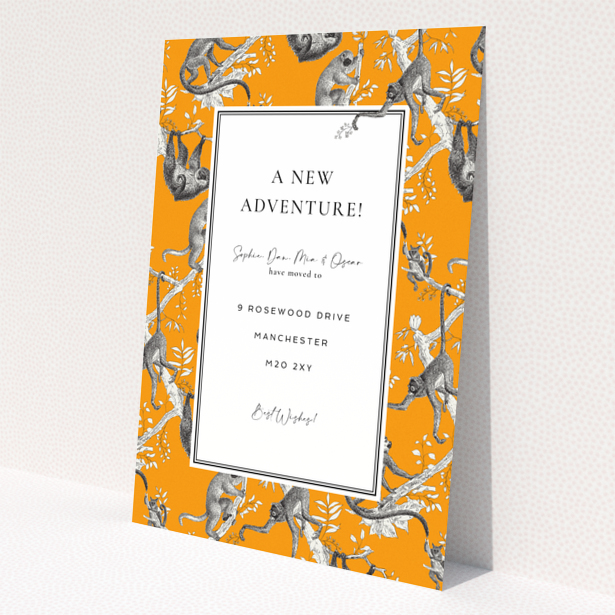 Change of address card with orange background and monkey illustrations, no photos present