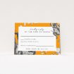 Monkey Business RSVP Card Template - Playful illustrations of monkeys amidst tropical foliage on a vivid orange background, framed by a classic black border. Ideal for couples seeking a blend of fun and formality for their wedding invitations This is a view of the front