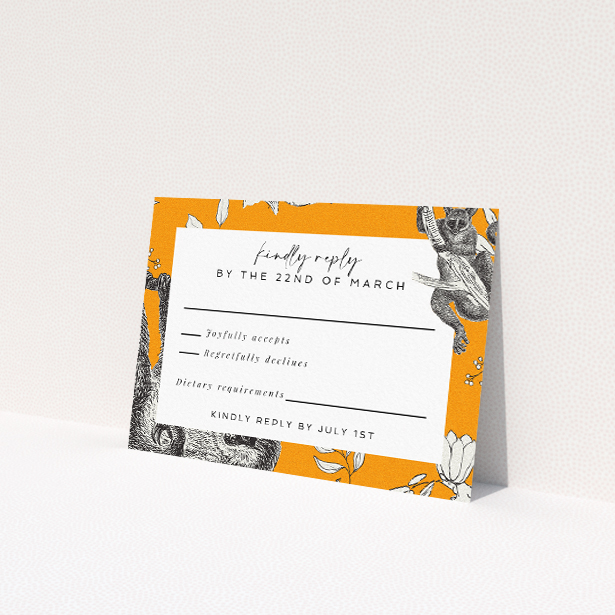 Monkey Business RSVP Card Template - Playful illustrations of monkeys amidst tropical foliage on a vivid orange background, framed by a classic black border. Ideal for couples seeking a blend of fun and formality for their wedding invitations This is a view of the front