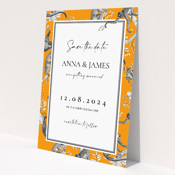Monkey Business Save the Date Card - Playful monkeys amidst tropical foliage on vibrant orange backdrop, bordered by classic white frame. Portrait orientation for uncluttered and reader-friendly design This is a view of the front