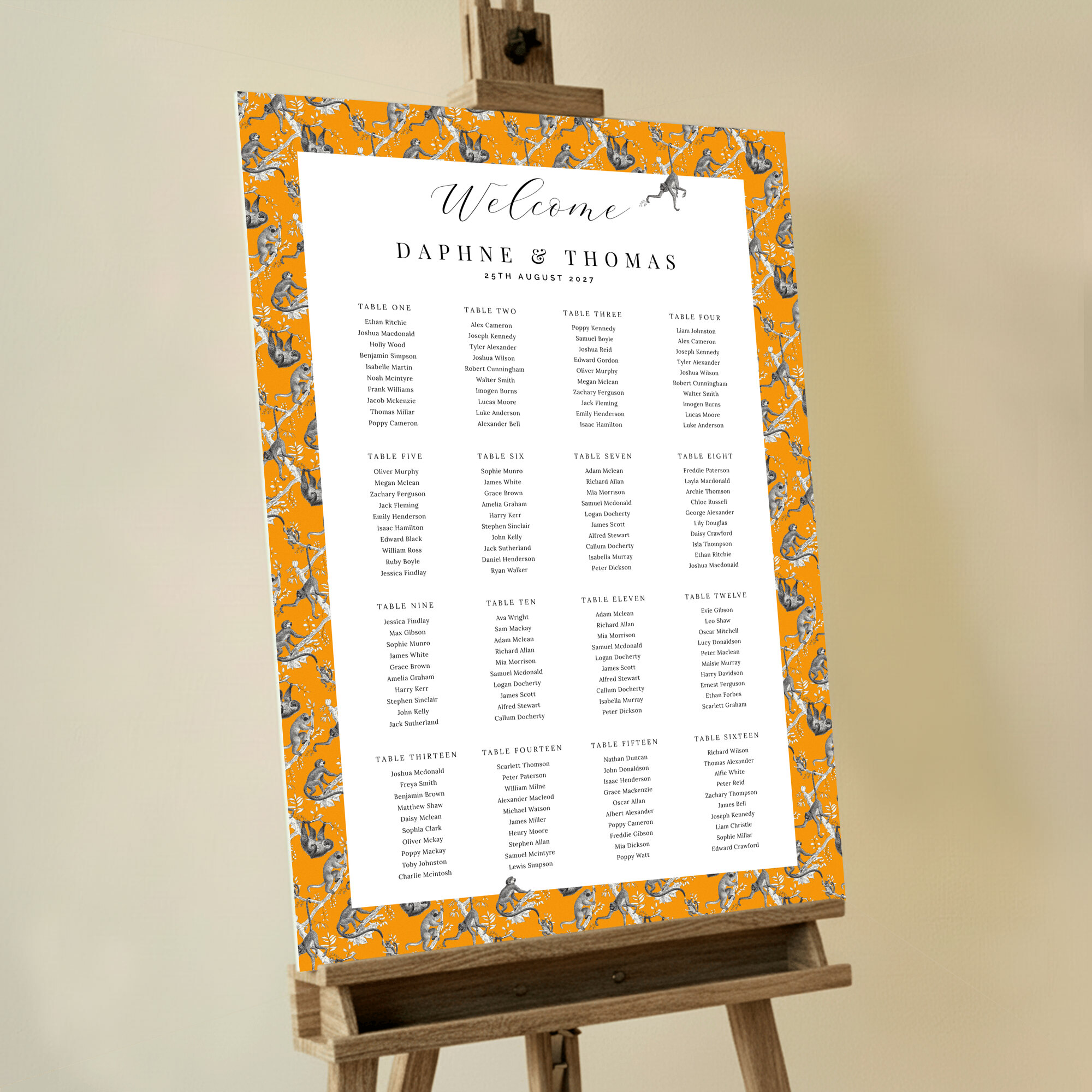 Seating Plans Board with Monkey Business design featuring engaging and distinctive black and white monkeys climbing trees against a lively orange background, adding a playful and entertaining vibe to your wedding celebration.. This one is formatted for 16 tables.