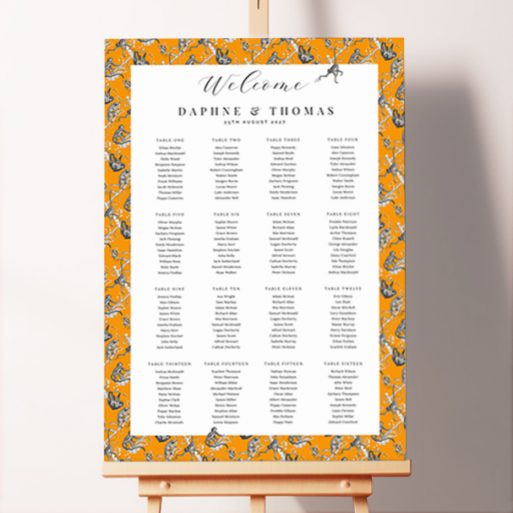 Seating Plans Board with Monkey Business design featuring engaging and distinctive black and white monkeys climbing trees against a lively orange background, adding a playful and entertaining vibe to your wedding celebration.. This one is formatted for 16 tables.