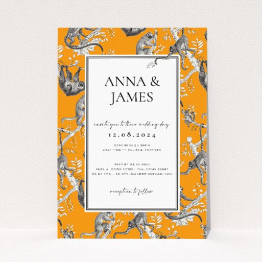 "Monkey Business wedding invitation featuring vivid orange background with playful illustrations of monkeys amidst tropical foliage, merging fun with the formal for an unforgettable first impression of upcoming nuptials.". This is a view of the front