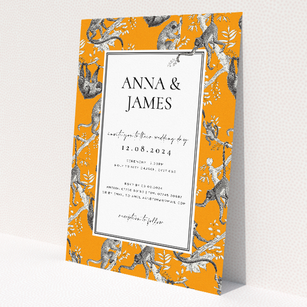 'Monkey Business wedding invitation featuring vivid orange background with playful illustrations of monkeys amidst tropical foliage, merging fun with the formal for an unforgettable first impression of upcoming nuptials.'. This is a view of the front
