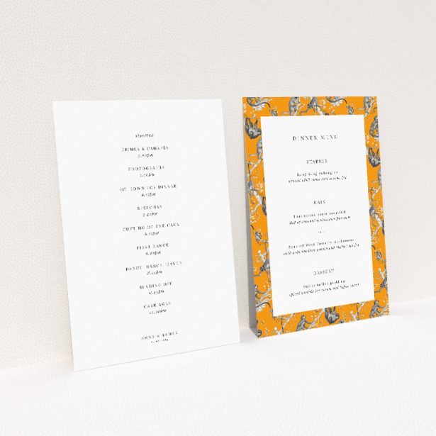 Whimsical Monkey Business Wedding Menu Template with Vibrant Orange Backgrounds. This image shows the front and back sides together