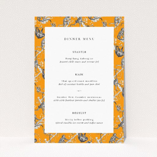 Whimsical Monkey Business Wedding Menu Template with Vibrant Orange Backgrounds. This is a view of the front