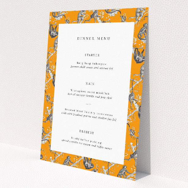 Whimsical Monkey Business Wedding Menu Template with Vibrant Orange Backgrounds. This is a view of the front