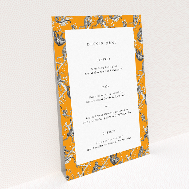 Whimsical Monkey Business Wedding Menu Template with Vibrant Orange Backgrounds. This image shows the front and back sides together