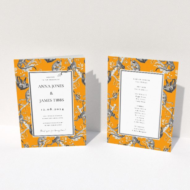 Utterly Printable Monkey Business Wedding Order of Service A5 Portrait Booklet - Bold Orange Background with Playful Monkey Illustrations and Classic Typography. This image shows the front and back sides together