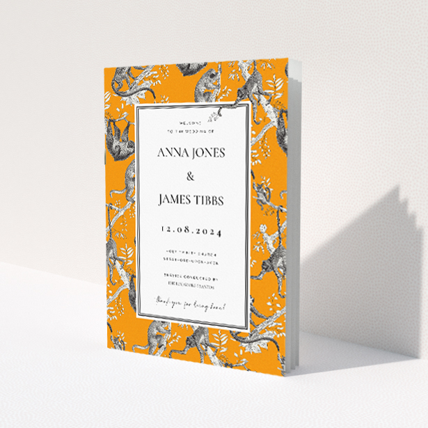 Utterly Printable Monkey Business Wedding Order of Service A5 Portrait Booklet - Bold Orange Background with Playful Monkey Illustrations and Classic Typography. This is a view of the front