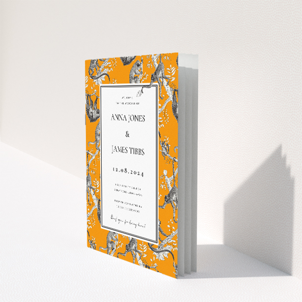 Utterly Printable Monkey Business Wedding Order of Service A5 Portrait Booklet - Bold Orange Background with Playful Monkey Illustrations and Classic Typography. This image shows the front and back sides together