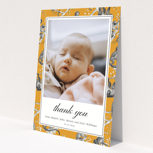 Baby thank you card with one photo and orange animal print border design