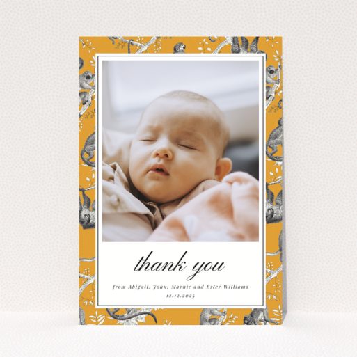 Baby thank you card with one photo and orange animal print border design