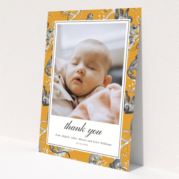 Baby thank you card with one photo and orange animal print border design