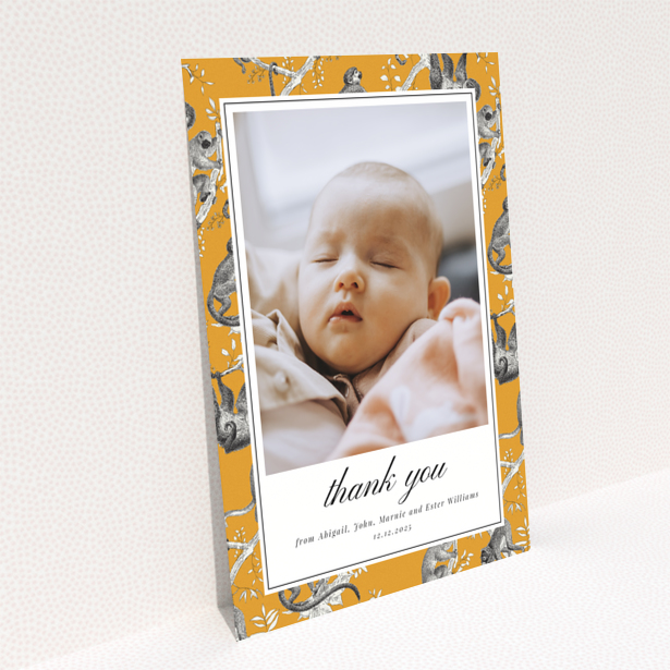 Baby thank you card with one photo and orange animal print border design
