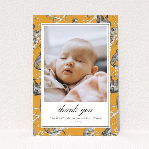 Baby thank you card with one photo and orange animal print border design