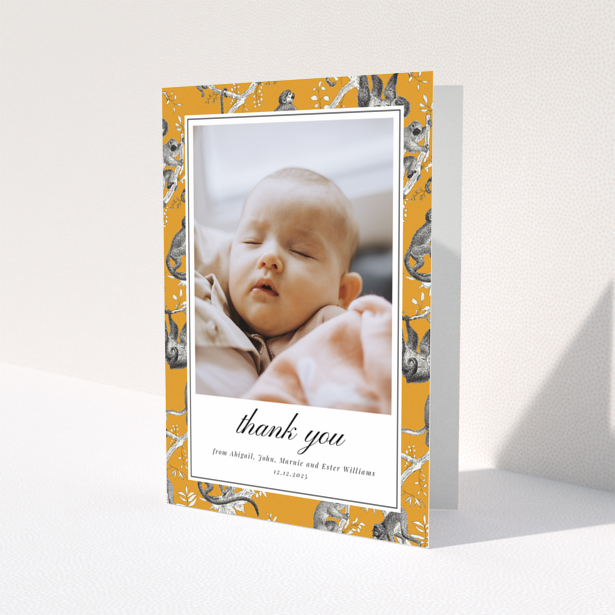Baby thank you card with one photo and orange animal print border design